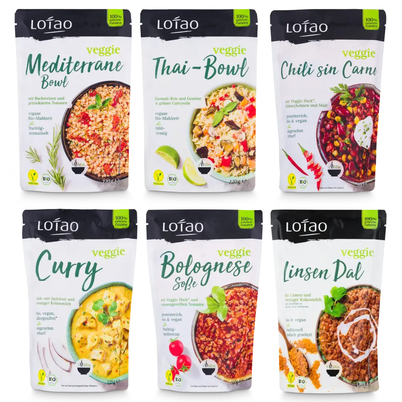 Packshot der Genussbox-Gerichte, den veganen Fertiggerichten von Lotao im leckeren 6er Pack