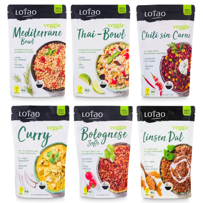 Packshot der Genussbox-Gerichte, den veganen Fertiggerichten von Lotao im leckeren 6er Pack