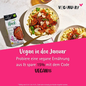 Mach mit beim Veganuary mit Lotao und Code VEGAN15 für 15% Rabatt, mobiles Banner