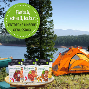 Bio vegane Fertiggerichte aus der Lotao Genussbox sind ideal für unterwegs beim Camping oder im Van